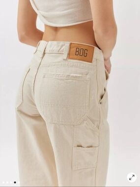 BDG Cream High Rise Carpenter Distressed Wide Leg Jeans with Utility Pockets